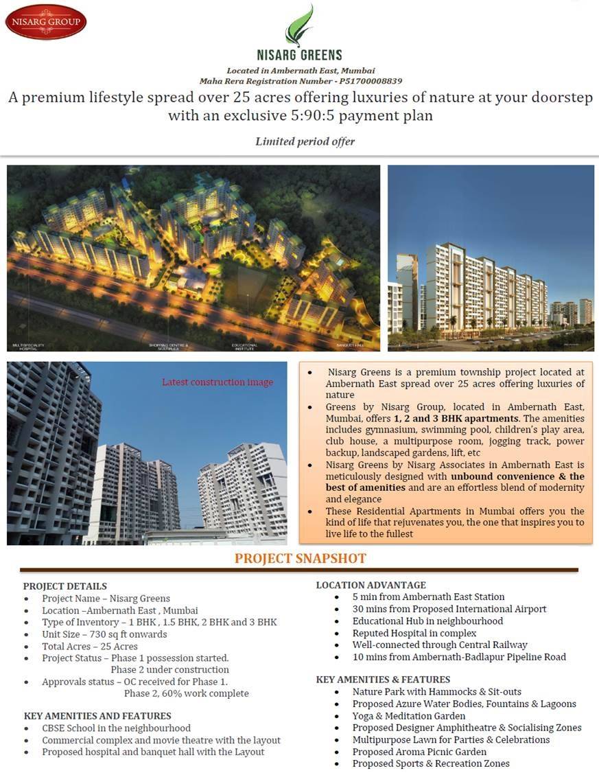 Avail exclusive 5:90:5 payment plan at Nisarg Greens in Mumbai